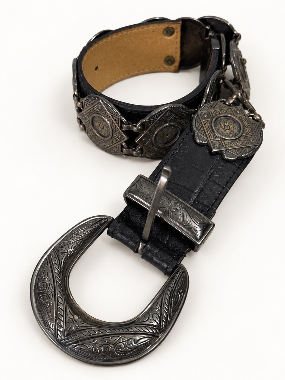 Vintage 90s Leigh Morgan Croc Embossed Concho Medallion Chain Belt XS/S 24”-28”